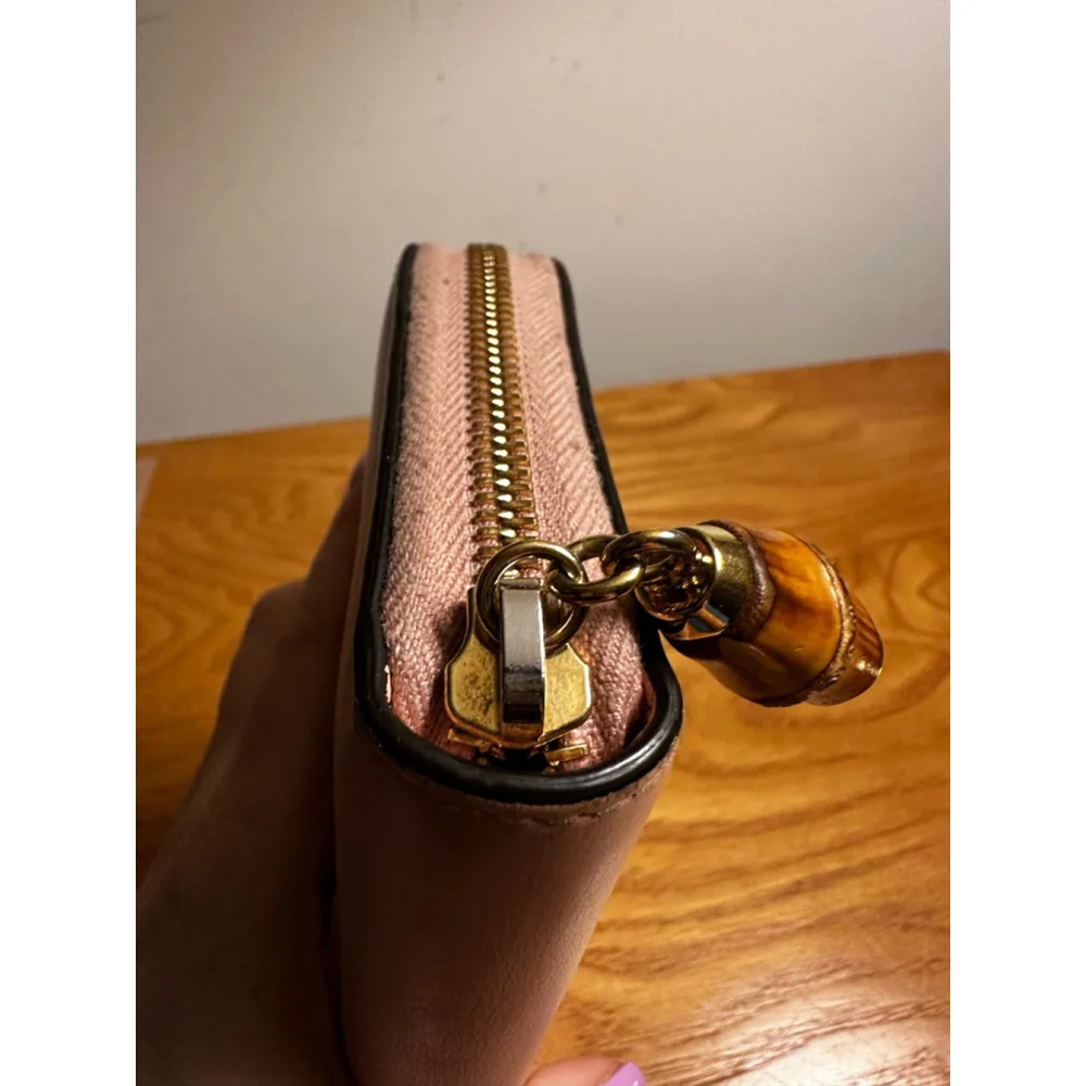 Gucci Pink Leather Long Zip Wallet w/ Bamboo Zipper Pull